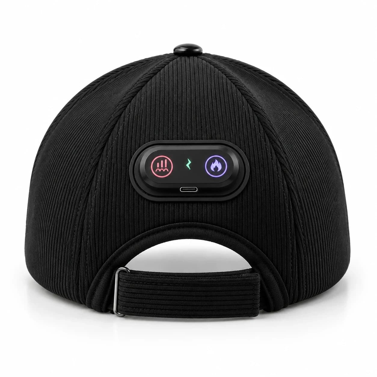 Back of Theracap: control buttons, USB-C port and adjustable strap
