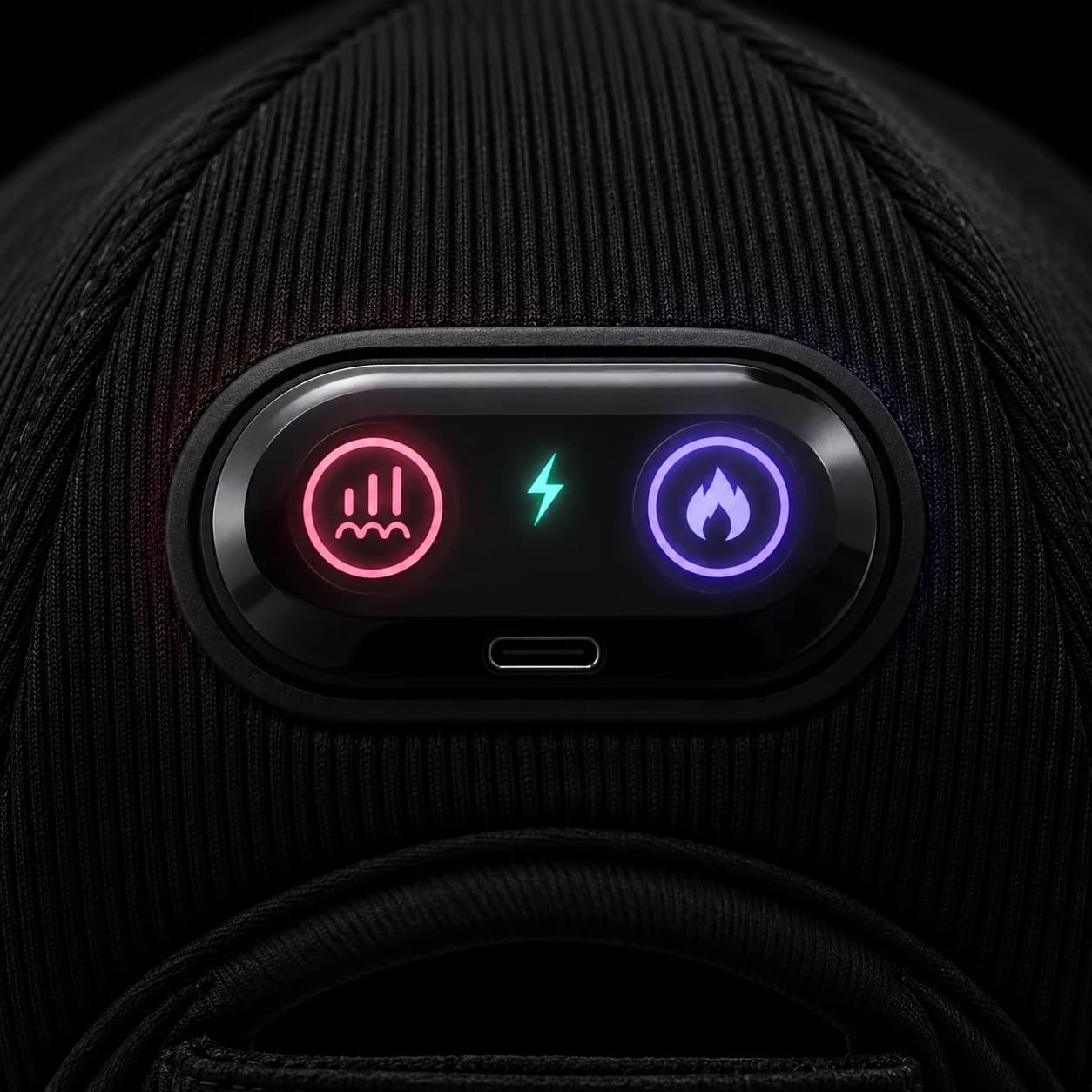 Close-up of Theracap's control pod with its two buttons and USB-C port