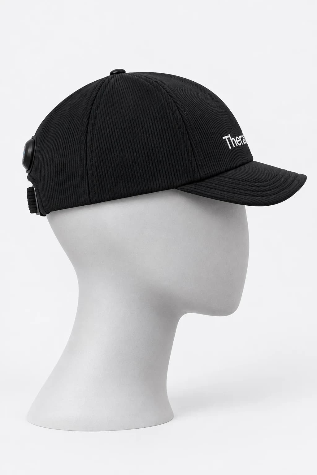 Theracap shown in profile on a sculptural head form, demonstrating fit and coverage