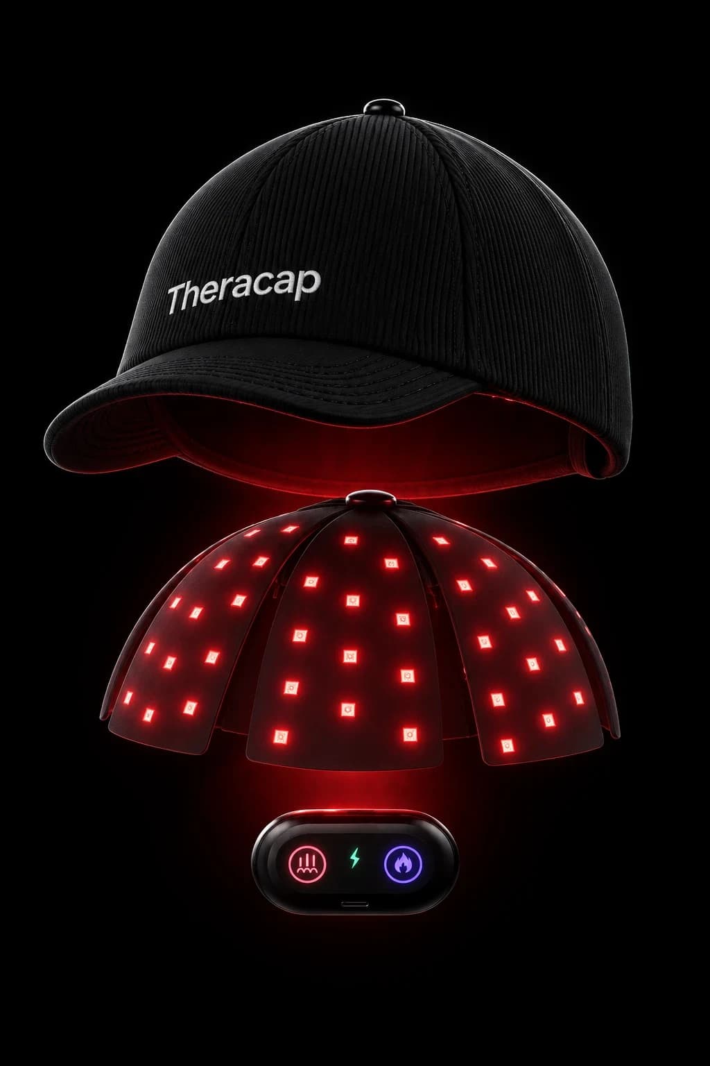 Exploded view of Theracap: the ribbed shell, the flexible LED layer, and the control pod
